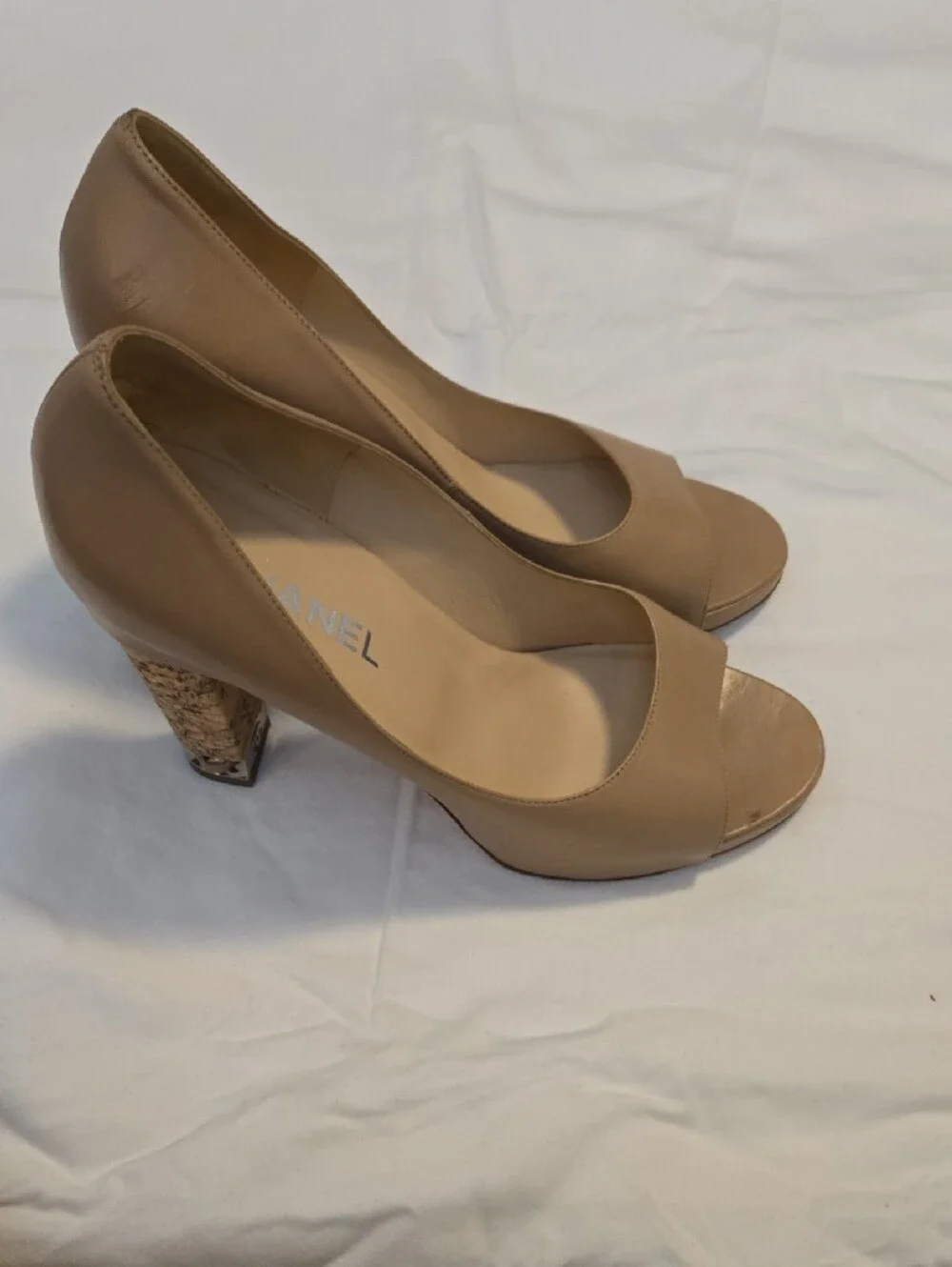 CHANEL Nude Leather Peep-Toe Pumps